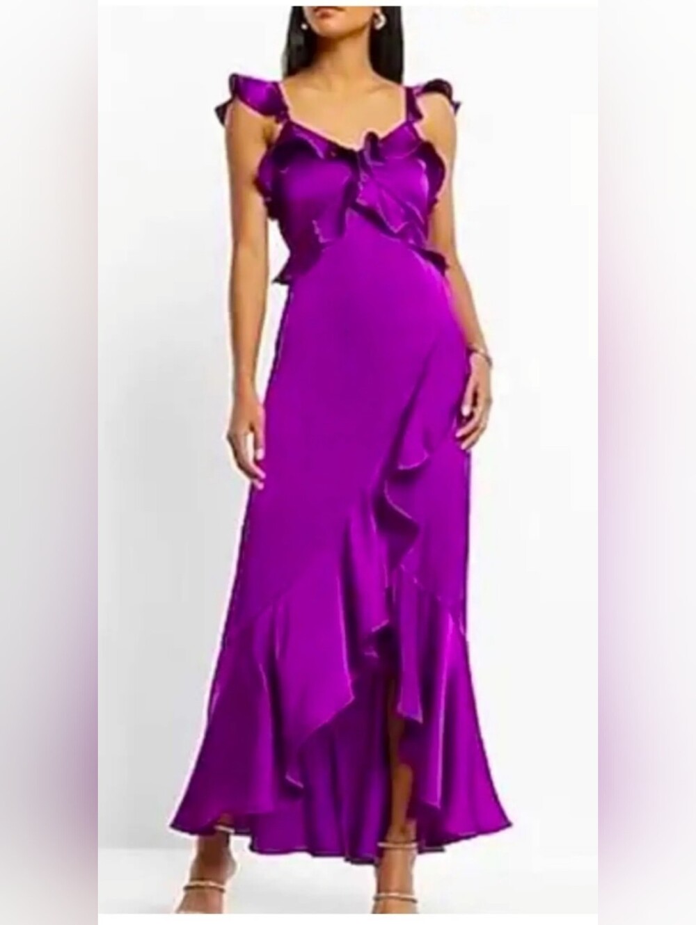 NWOT! Express Fall Glam Purple Satin Ruffle Women's Formal Maxi Party Dress XS